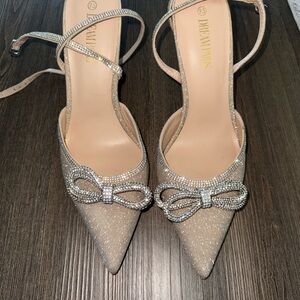 Dream Pairs Sparkling Beige Heels with Rhinestone Bow